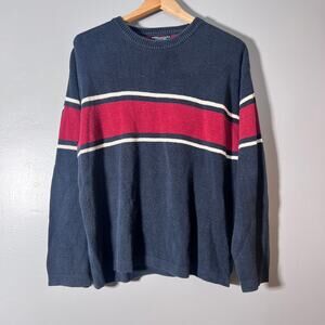 American Eagle Sweater Mens Medium Gray Red Striped Crewneck Pullover